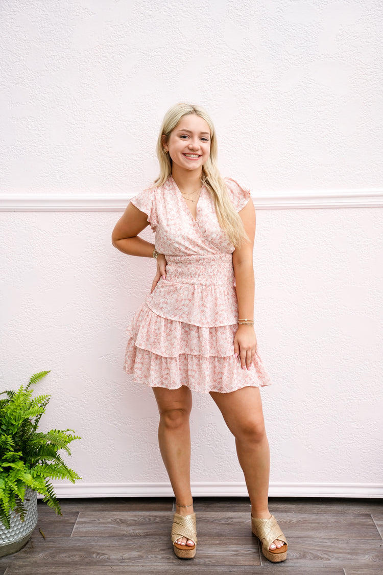 Floral Butterfly Short Sleeve Ruffle Mini Dress