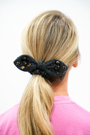Shimmer Bow Scrunchie with Hand Sewn Crystals in Black - Southern Belle Boutique