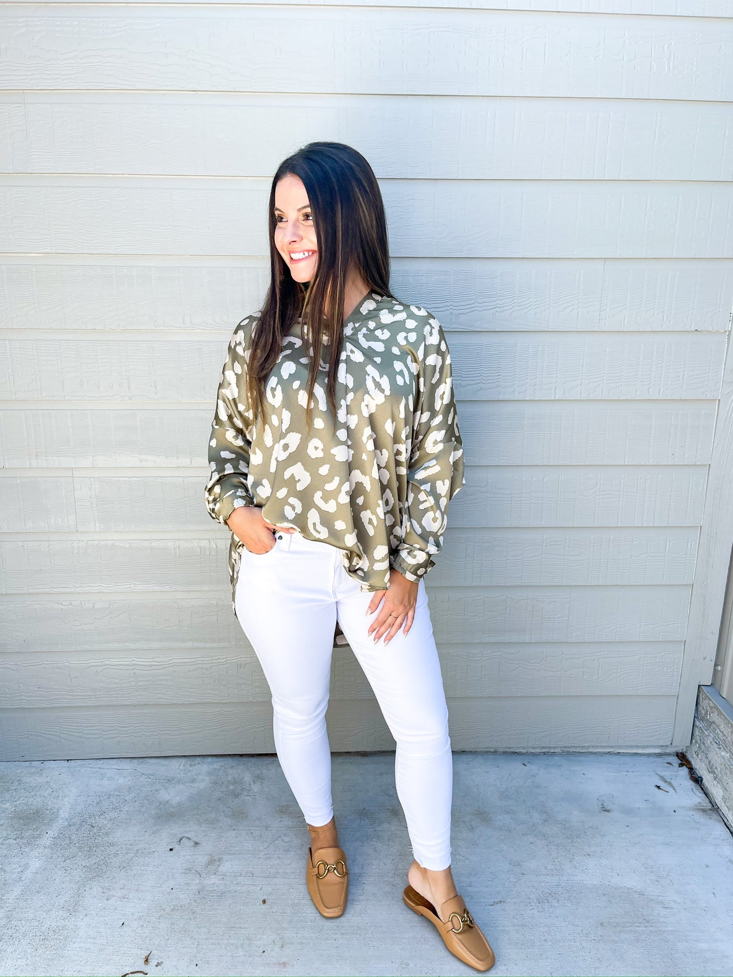 Mocha Spotted VNeck Blouse - Southern Belle Boutique