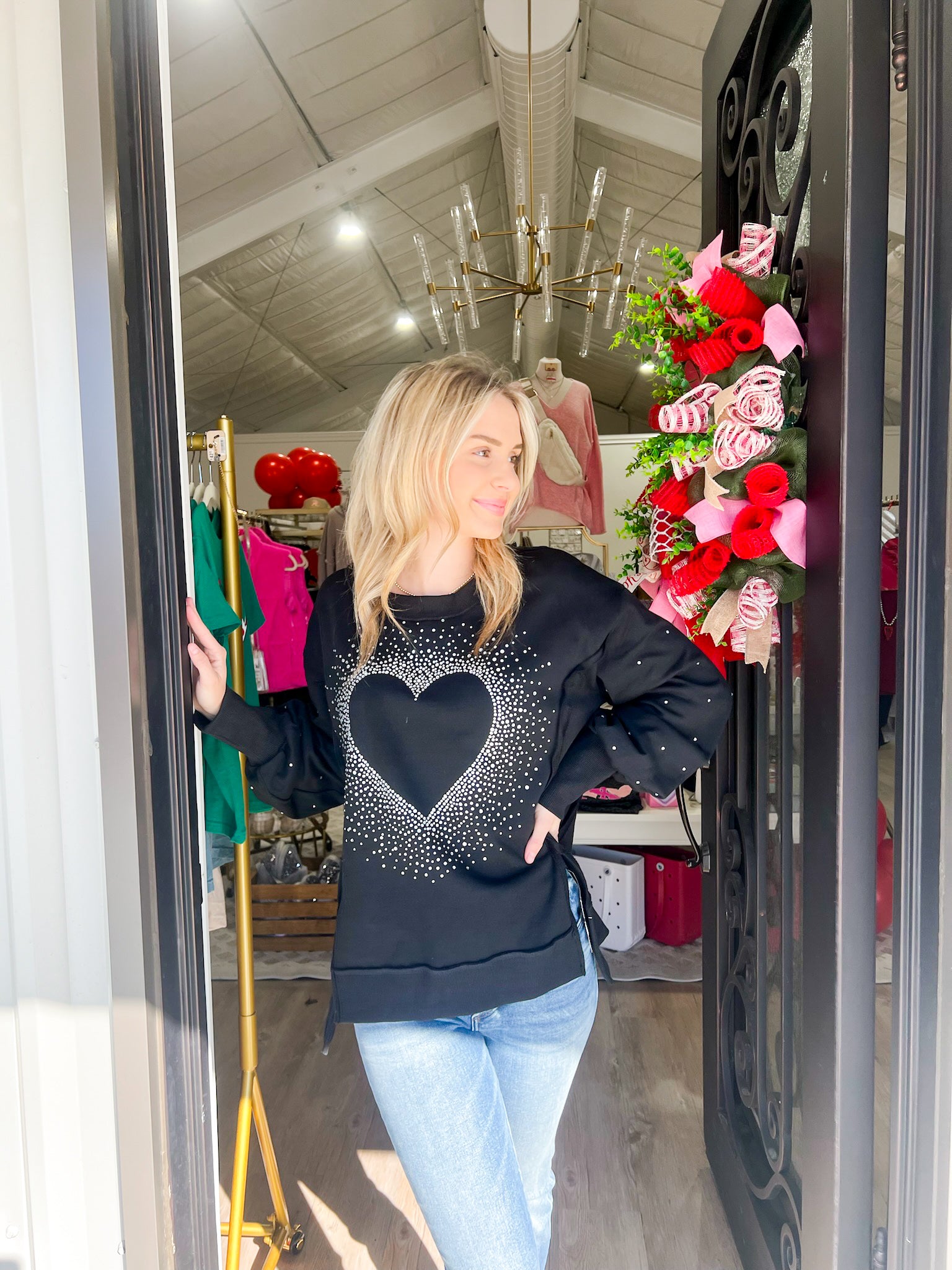 Rhinestone Heart Pullover - Black - Southern Belle Boutique