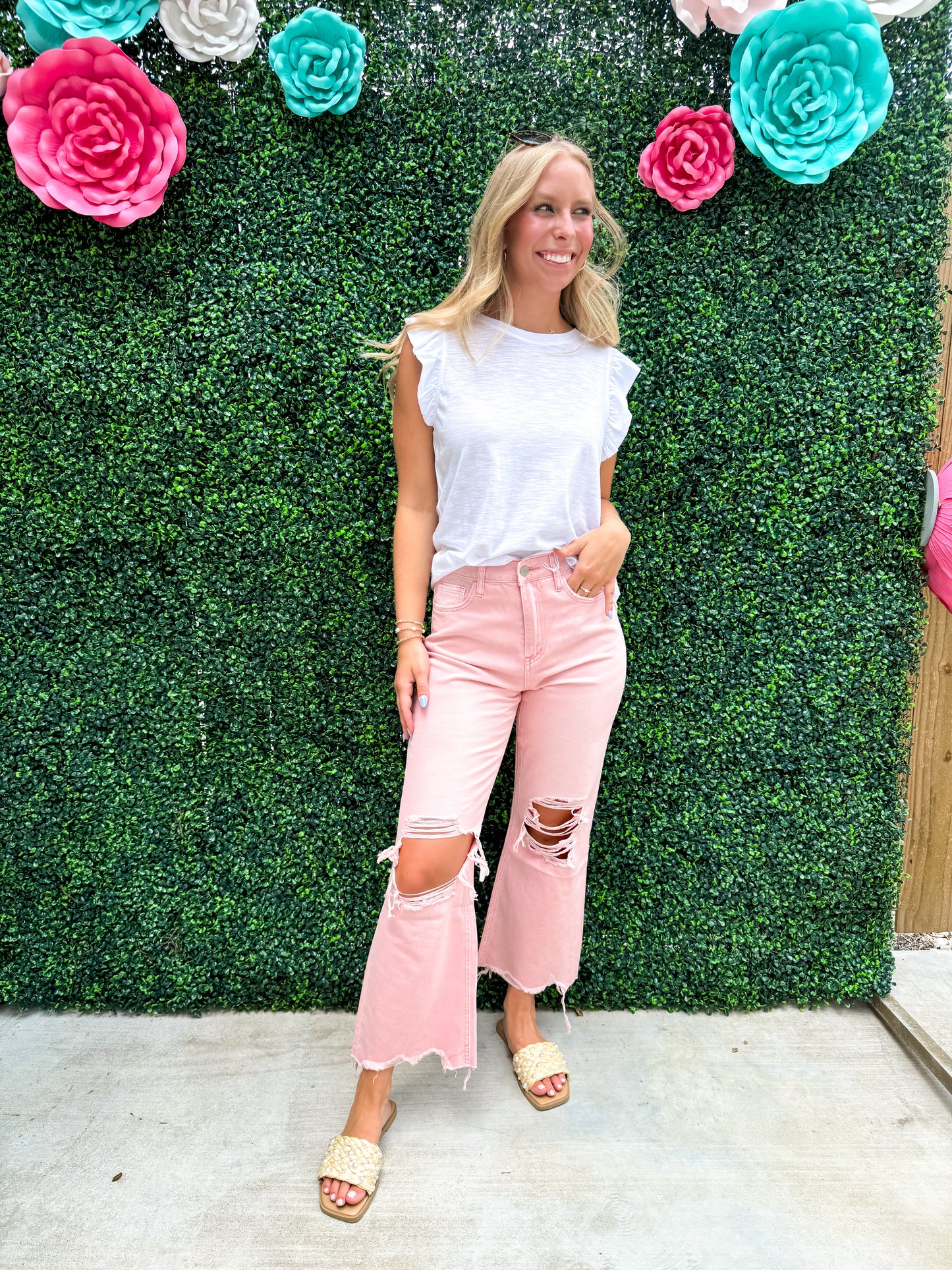 90's Vintage Crop Flare Jean - Powder Pink - Southern Belle Boutique