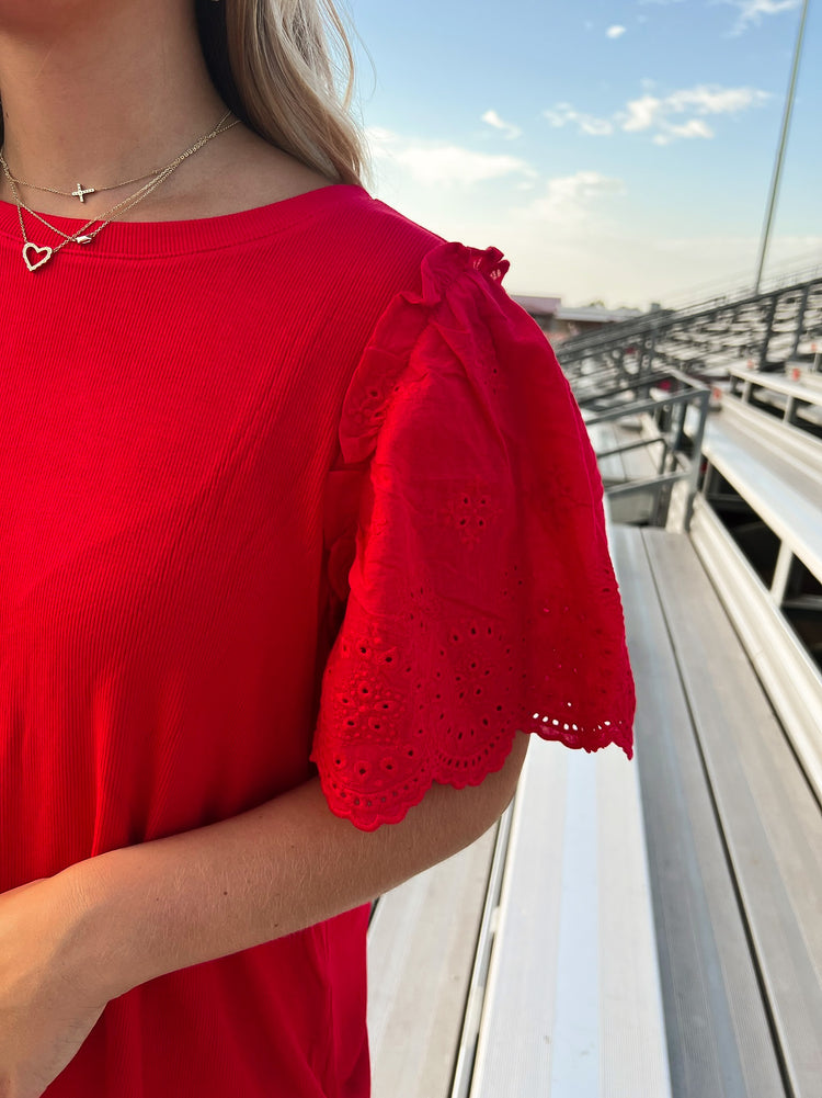 Tomato Red Lace Sleeve Top - Southern Belle Boutique