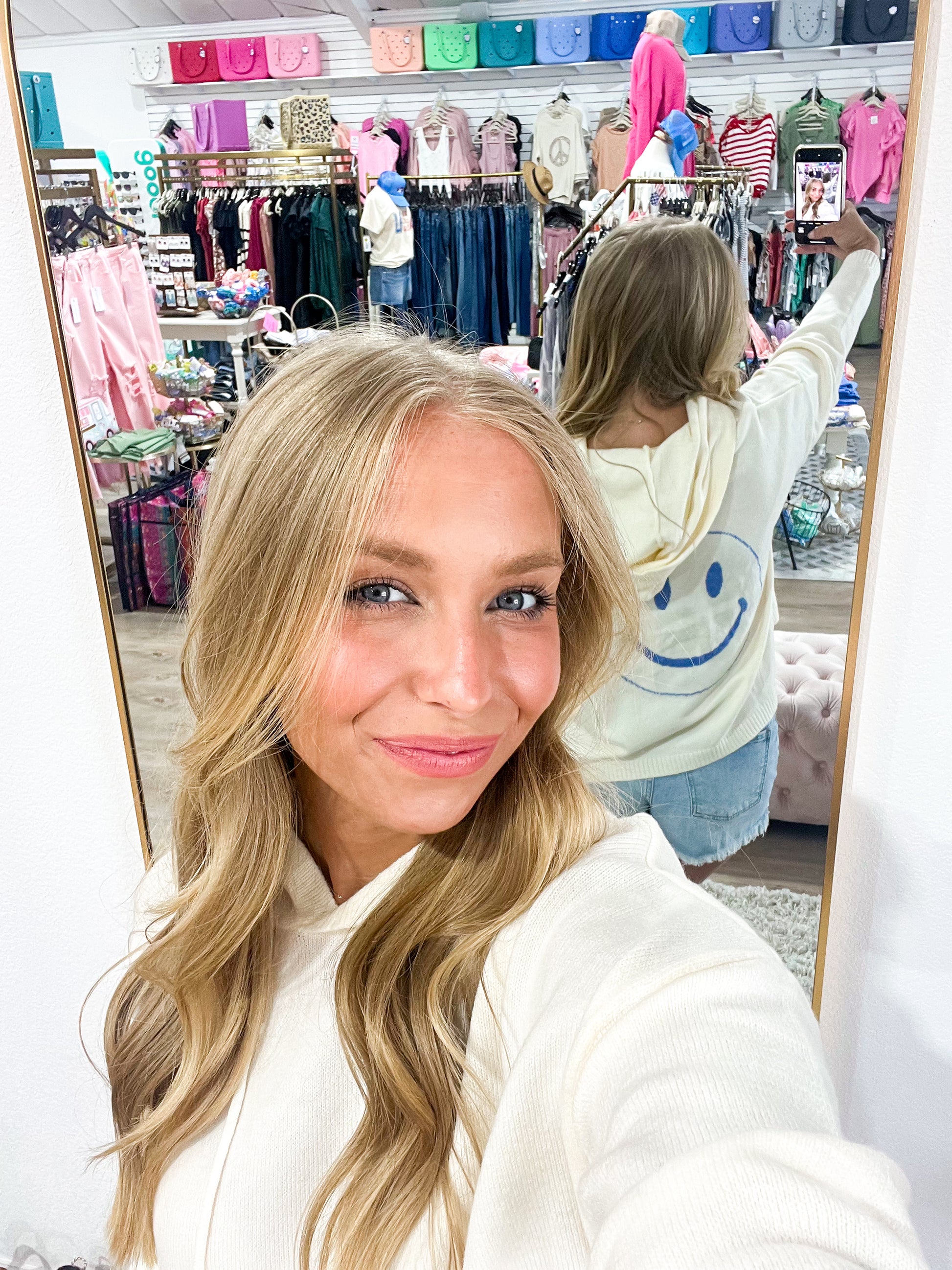 Good Mood Smiley Hoodie - Ivory/Blue - Southern Belle Boutique