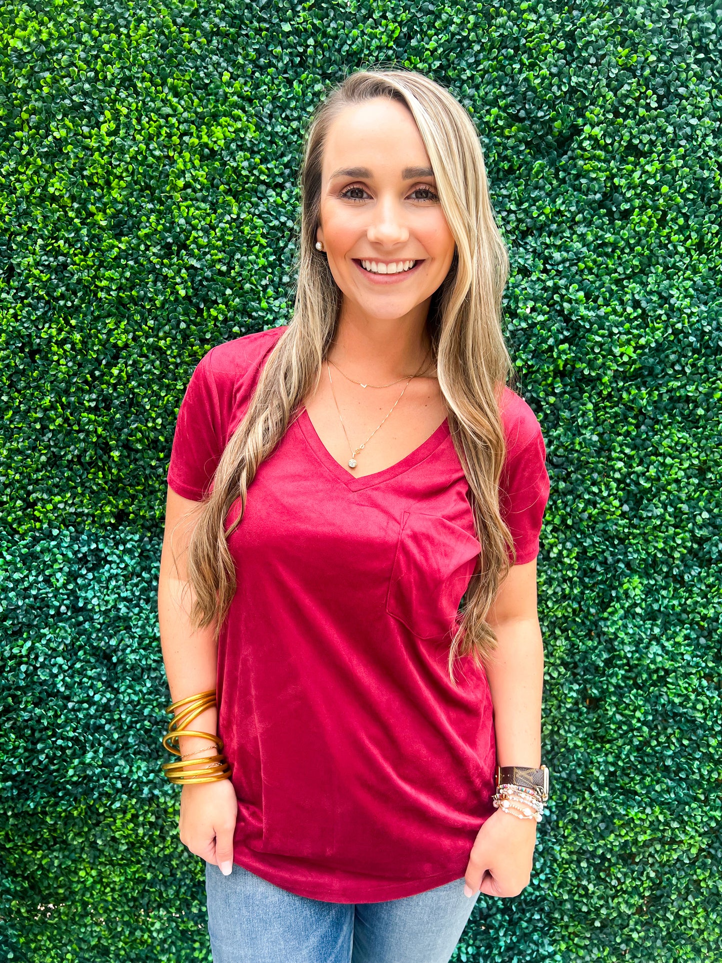 Phoenix Suede V-Neck Pocket Tee - Vino - Southern Belle Boutique