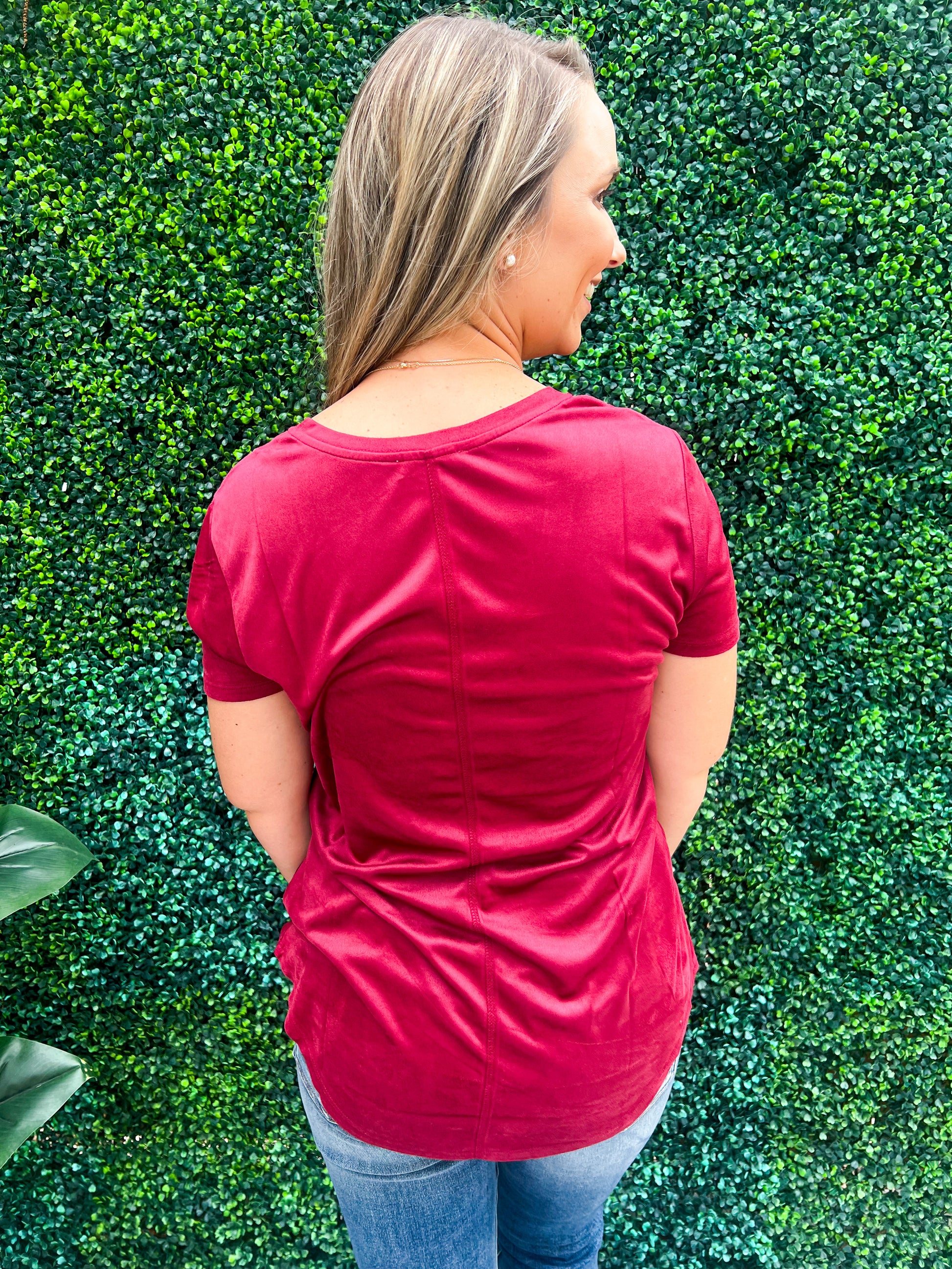 Phoenix Suede V-Neck Pocket Tee - Vino - Southern Belle Boutique