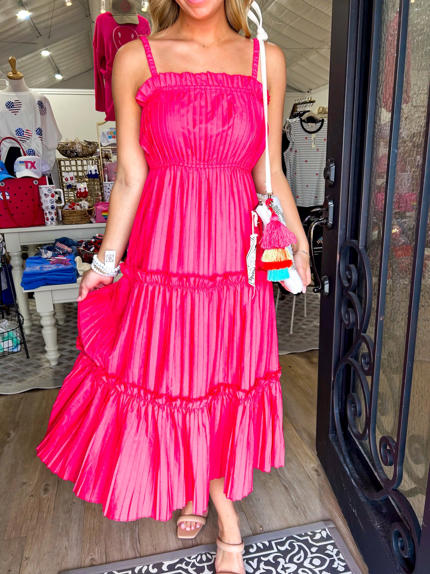 Hot Pink Midi Pleated Dress - Southern Belle Boutique