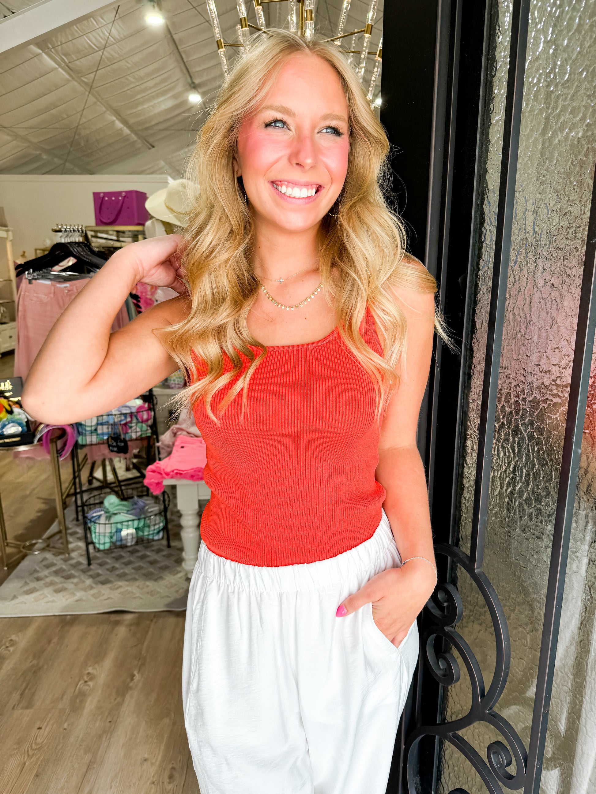 Sawyer Sleeveless Rib Tank - Pimento - Southern Belle Boutique