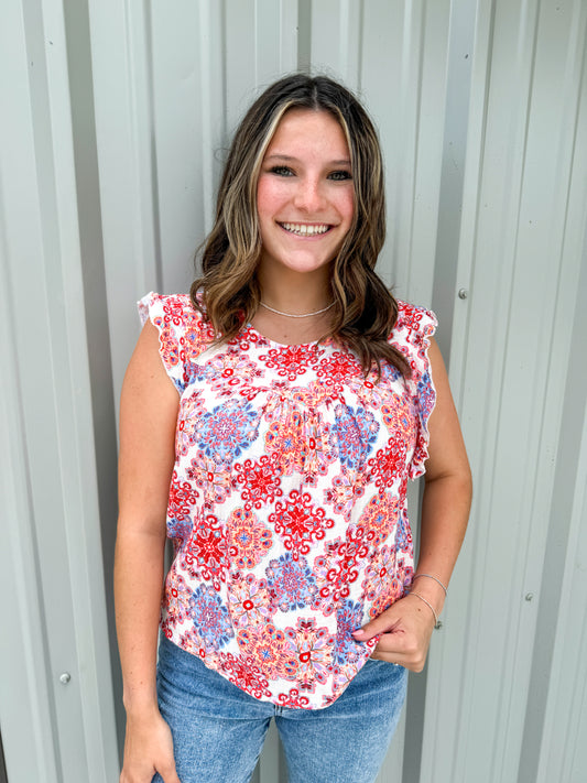 Anelia Petal Sleeve Top - Floral Medallion - Southern Belle Boutique