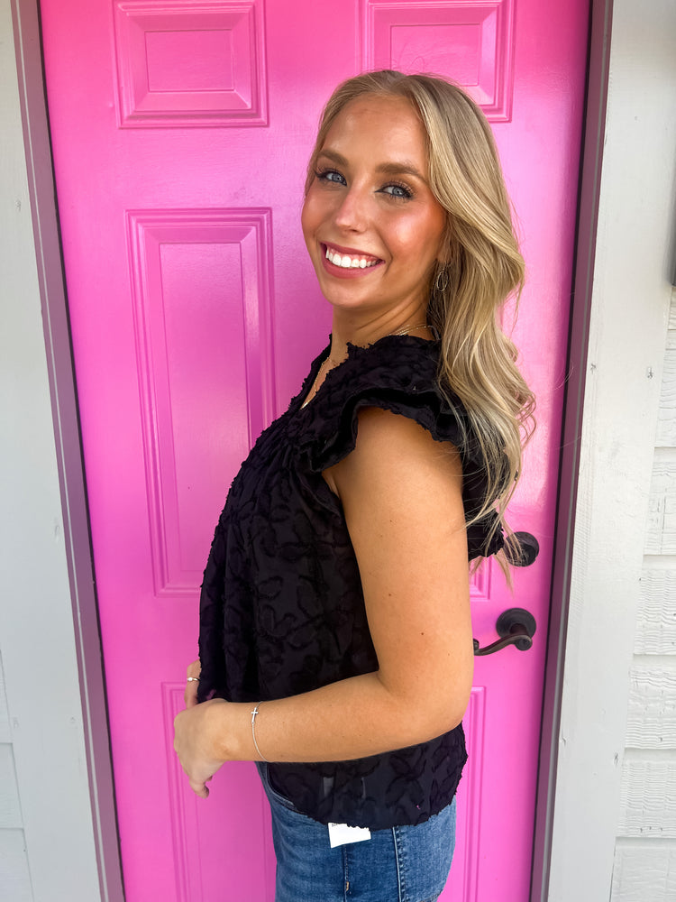 Black Sheer Flutter Sleeve Top - Southern Belle Boutique