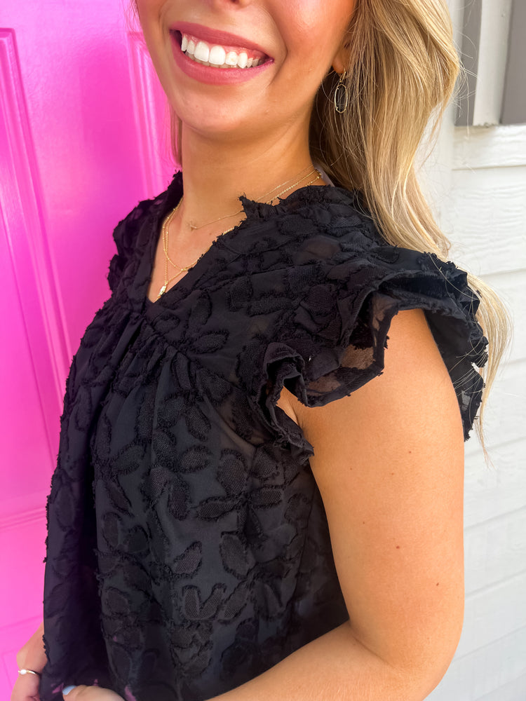 Black Sheer Flutter Sleeve Top - Southern Belle Boutique