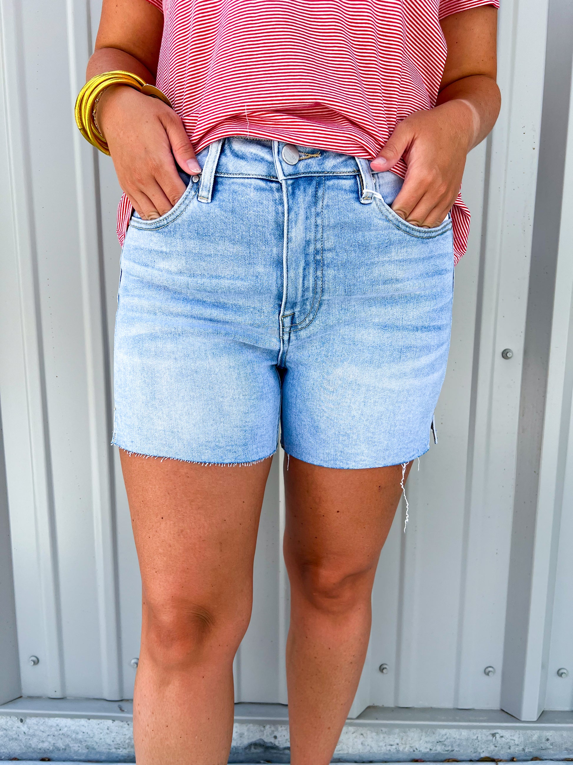 High Rise Raw Cut Hem Side Slit Short - Light - Southern Belle Boutique