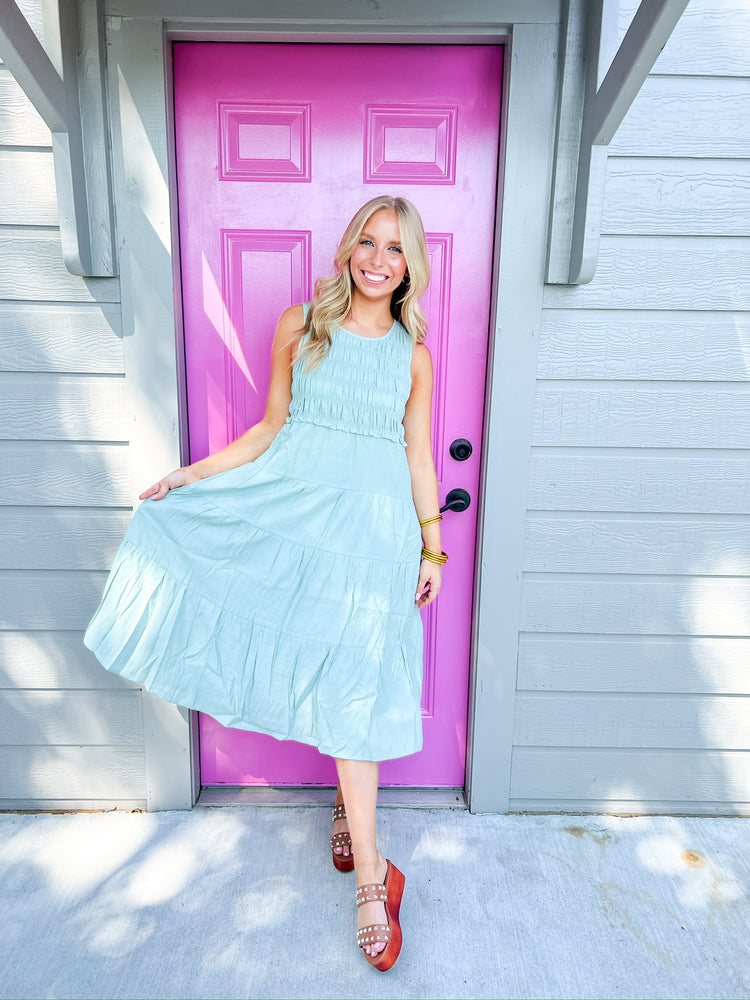 Sage Smocked Midi Dress - Southern Belle Boutique