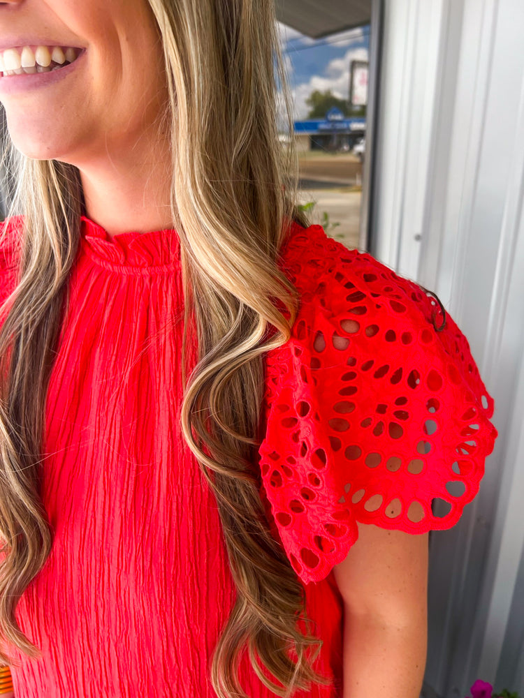 Red Eyelet Sleeve Top - Southern Belle Boutique