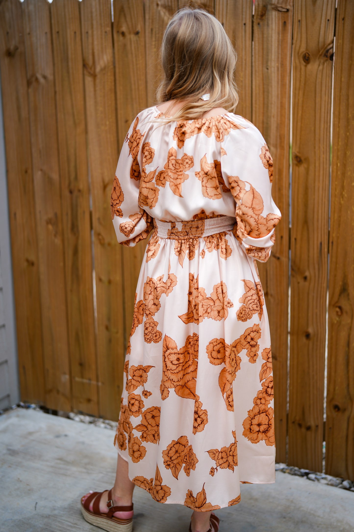 Floral Print Midi Dress - Warm Peach - Southern Belle Boutique