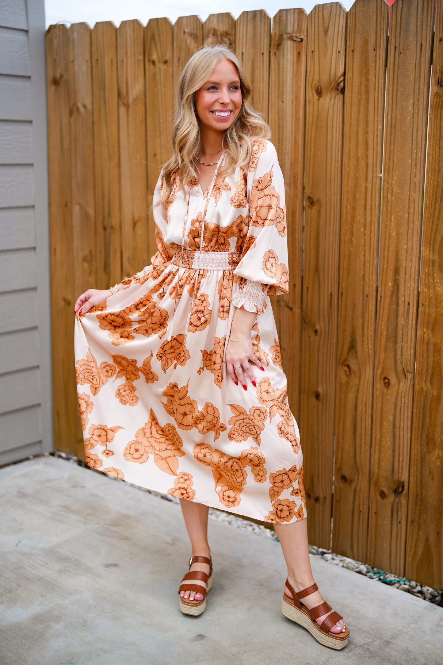 Floral Print Midi Dress - Warm Peach - Southern Belle Boutique