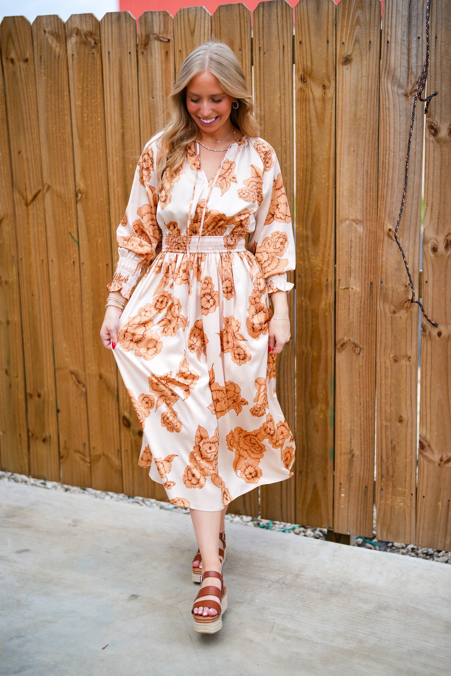 Floral Print Midi Dress - Warm Peach - Southern Belle Boutique