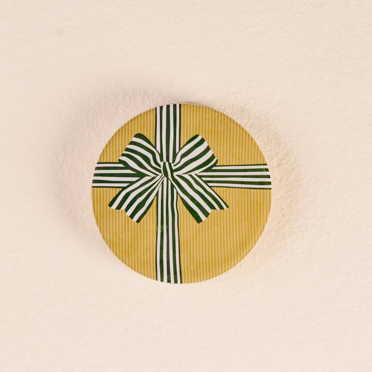 Holiday Gift Bow Green Wood Enamel Coaster