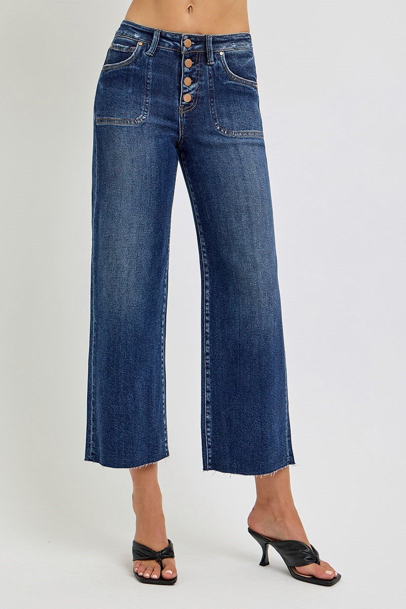 Risen High Rise Crop Wide Button Up Jean - Dark