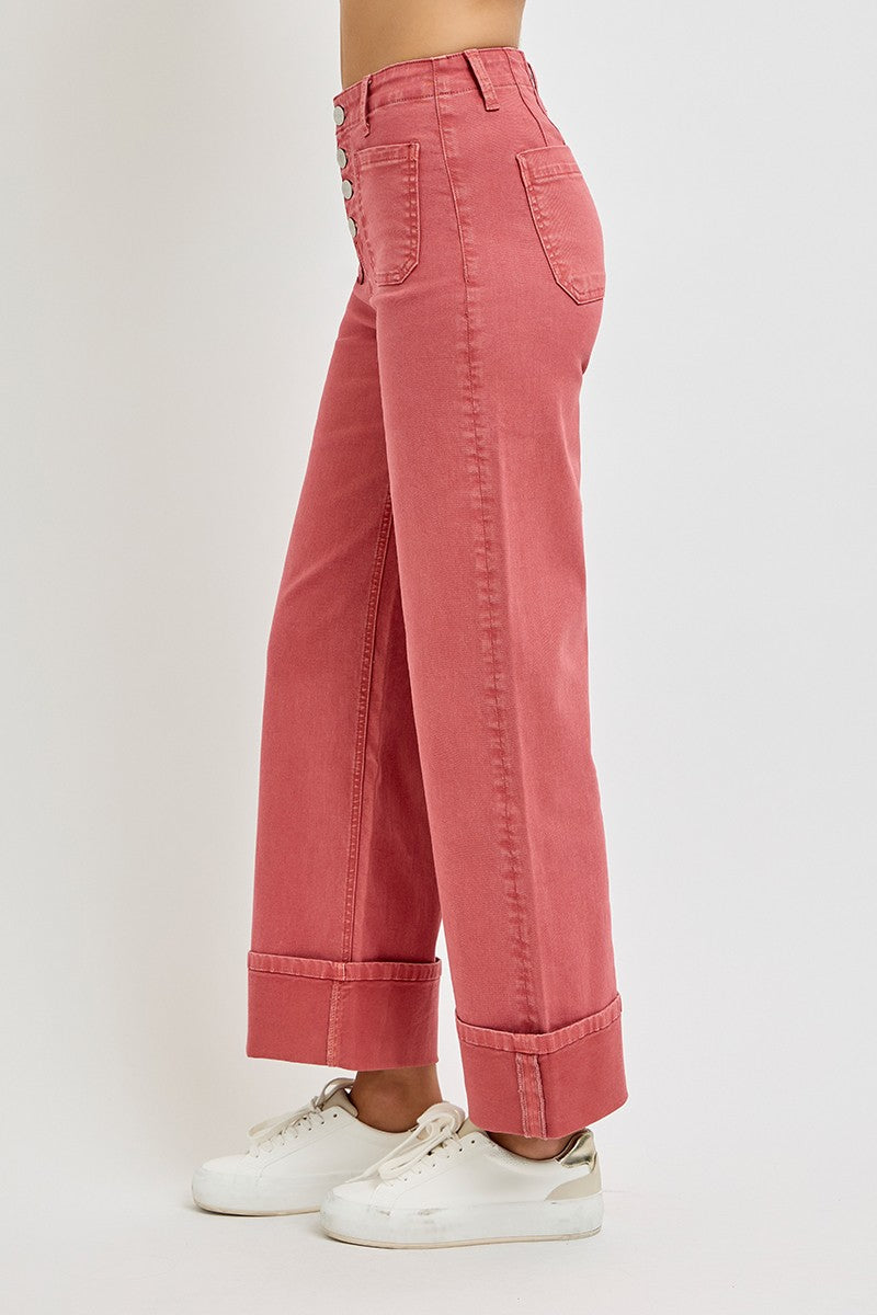 High Rise Wide Leg Front Patch Pocket Cuffed Pants - Brick