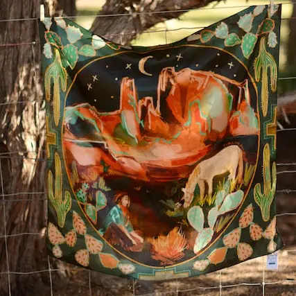Desert Nights: 35x35 Western Mulberry Silk Wild Rag Cowgirl Horse and Cactus - Southern Belle Boutique
