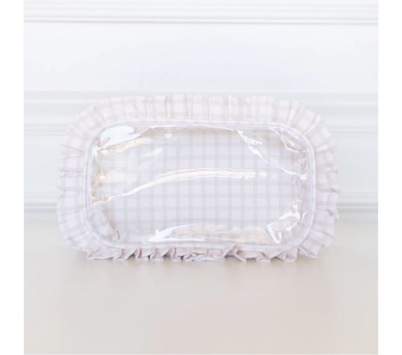 Nude Plaid Ruffled Nylon Large Clear Pouch - Southern Belle Boutique