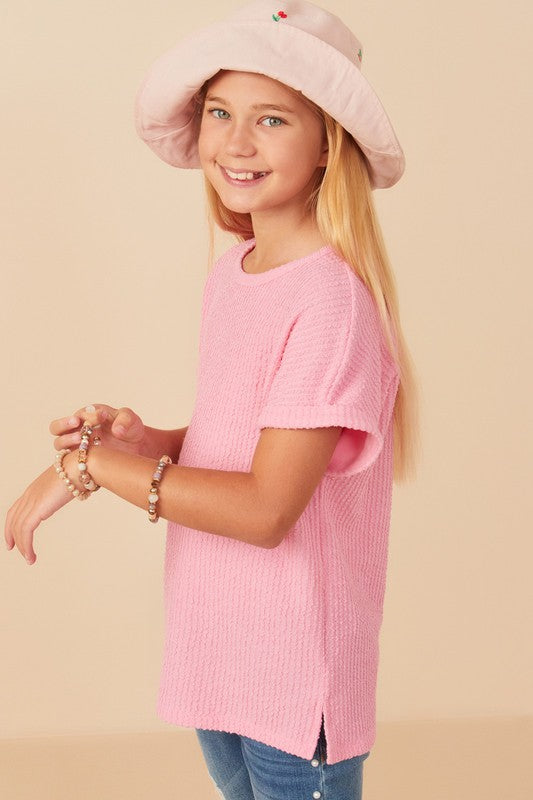 Pink Textured Roll Sleeve TShirt - Southern Belle Boutique