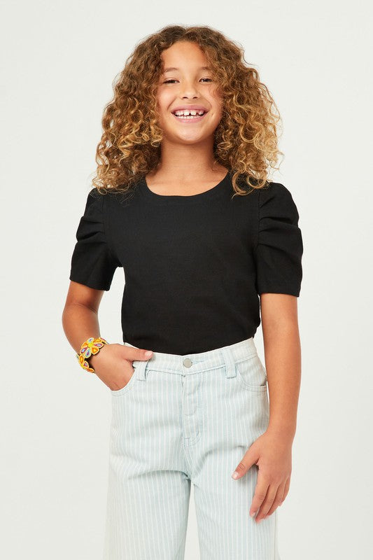 Ribbed Pleated Shoulder Puff Sleeve Top - Black