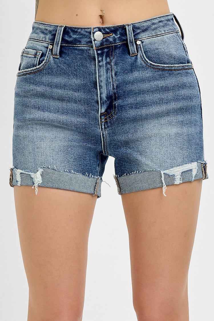 High Rise Ripped Hem Shorts - Medium Wash