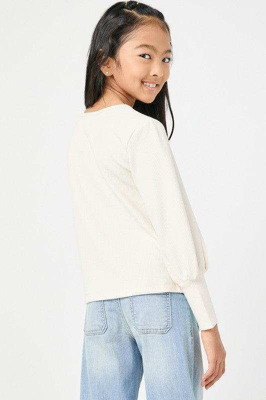 Ivory Textured Rib Exaggerated Cuff Knit Top