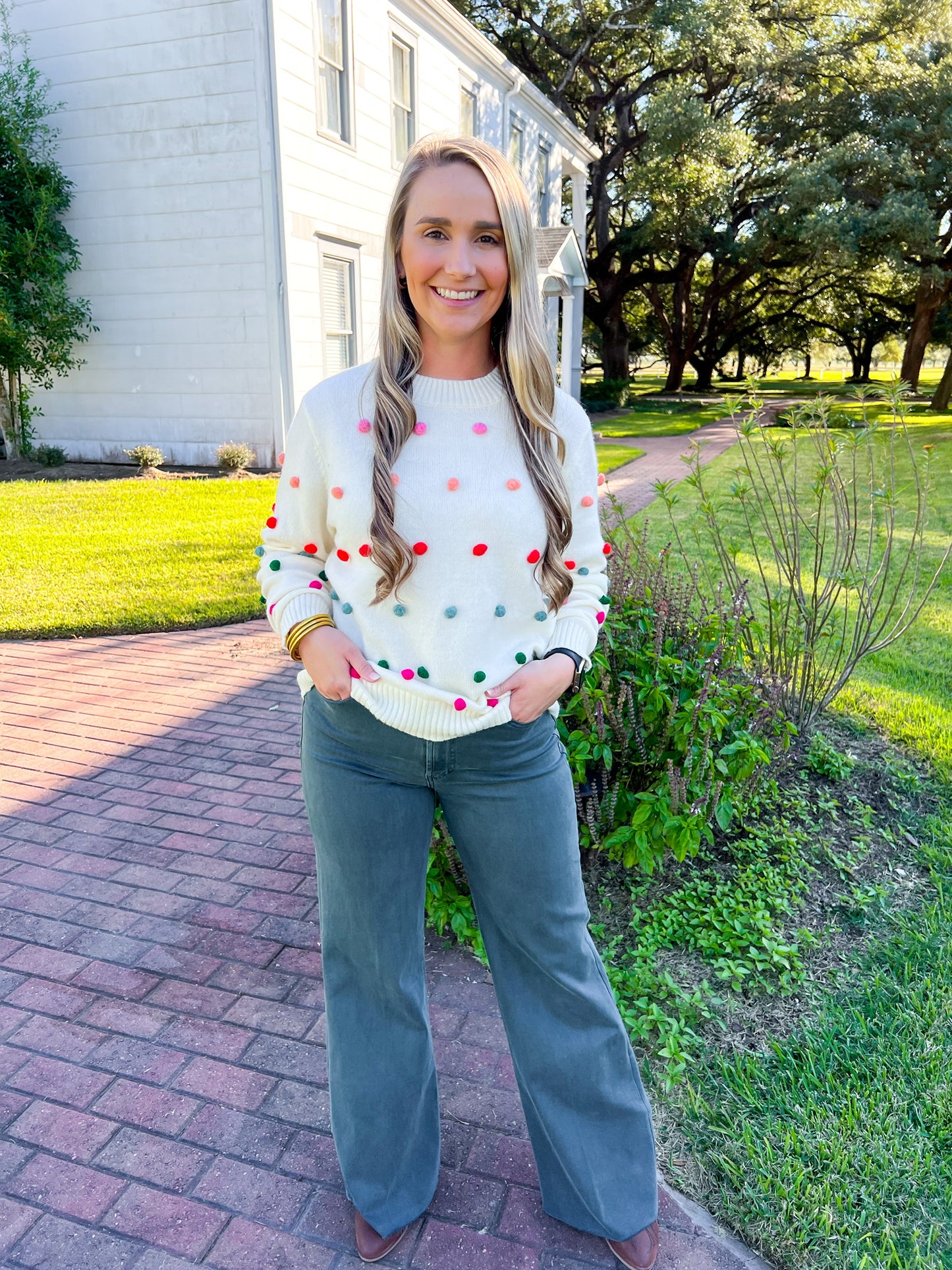 Ivory PomPom Multi Color Sweater - Southern Belle Boutique