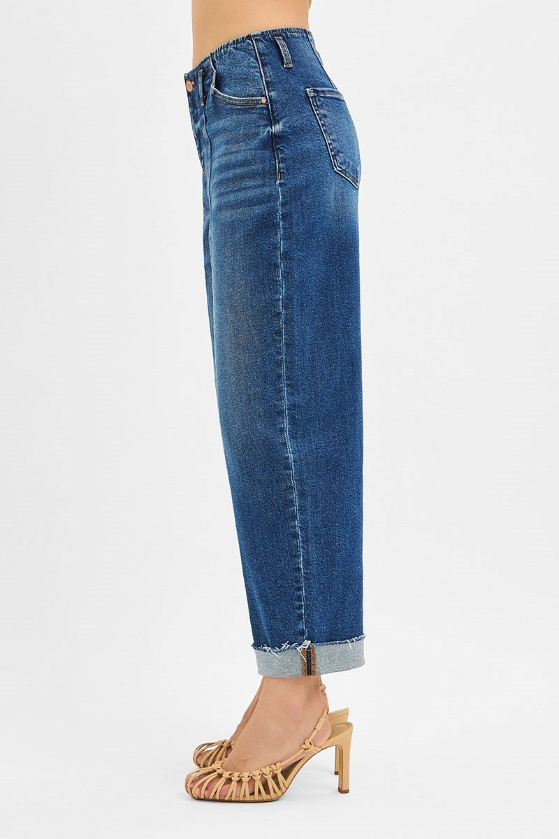 High Rise Fit Barrel Cuffed Jean - Dark Wash