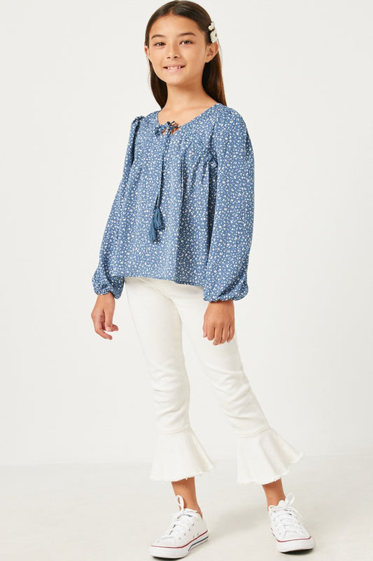 Blue Tasseled Long Sleeve Top - Southern Belle Boutique