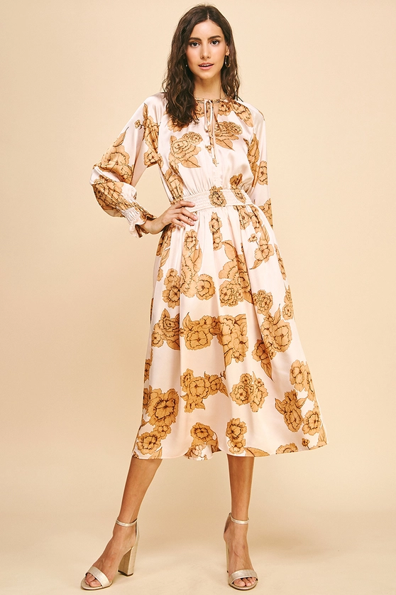 Floral Print Midi Dress - Warm Peach - Southern Belle Boutique