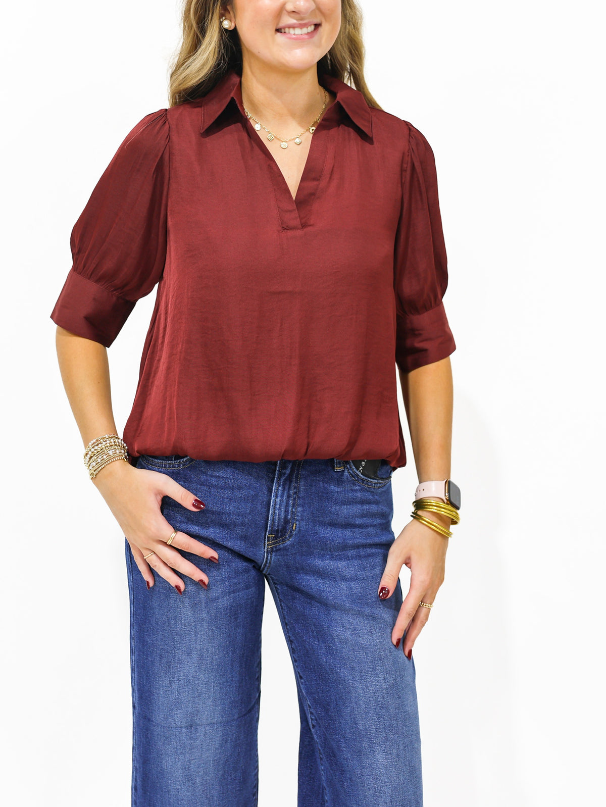 Wine Hi Lo Bubble Hem Blouse - Southern Belle Boutique