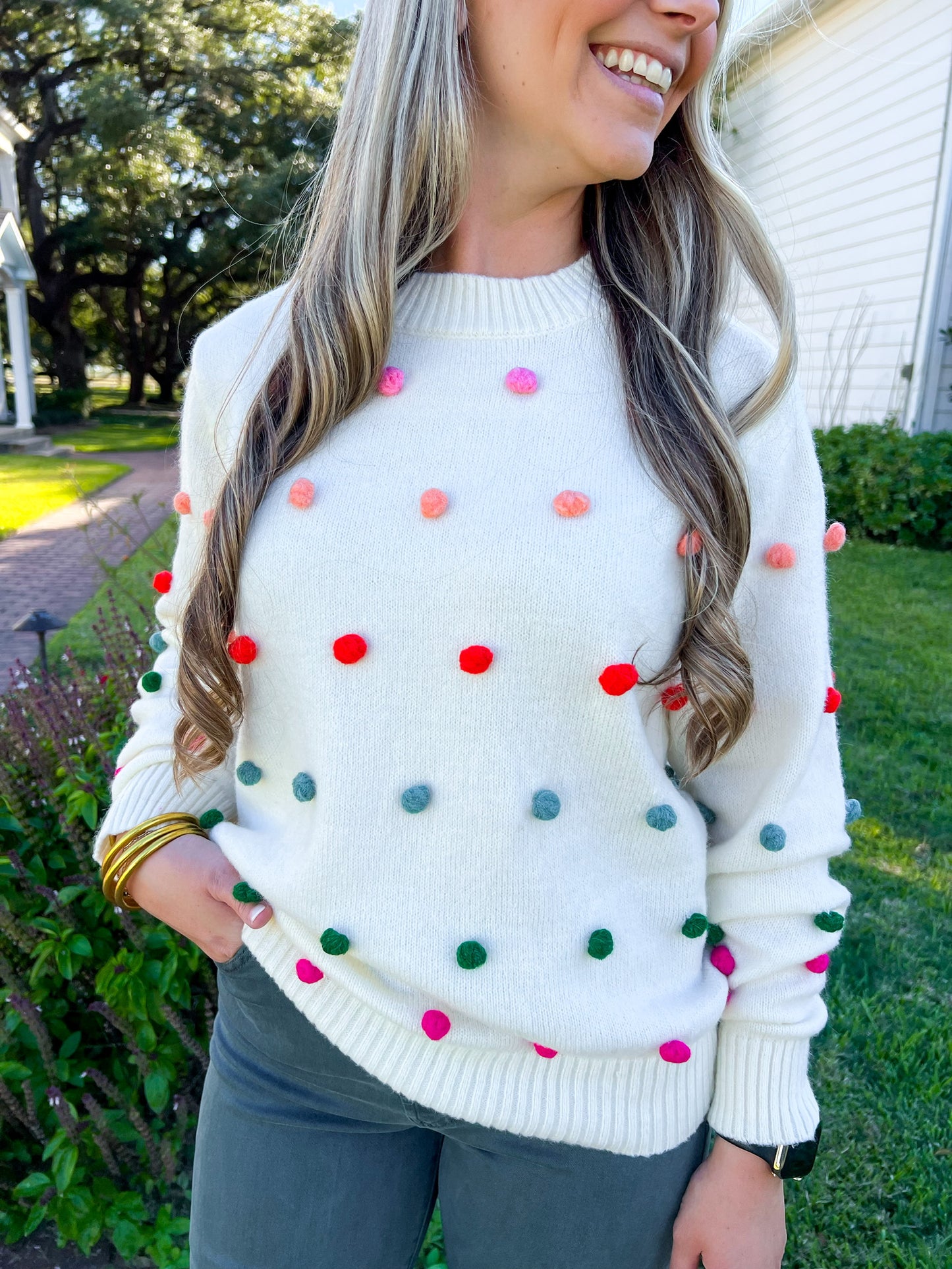 Ivory PomPom Multi Color Sweater - Southern Belle Boutique