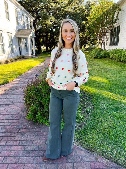 Ivory PomPom Multi Color Sweater - Southern Belle Boutique