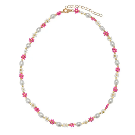 Kids 14" Pink, White Flower & Pearl Beaded Necklace - Southern Belle Boutique