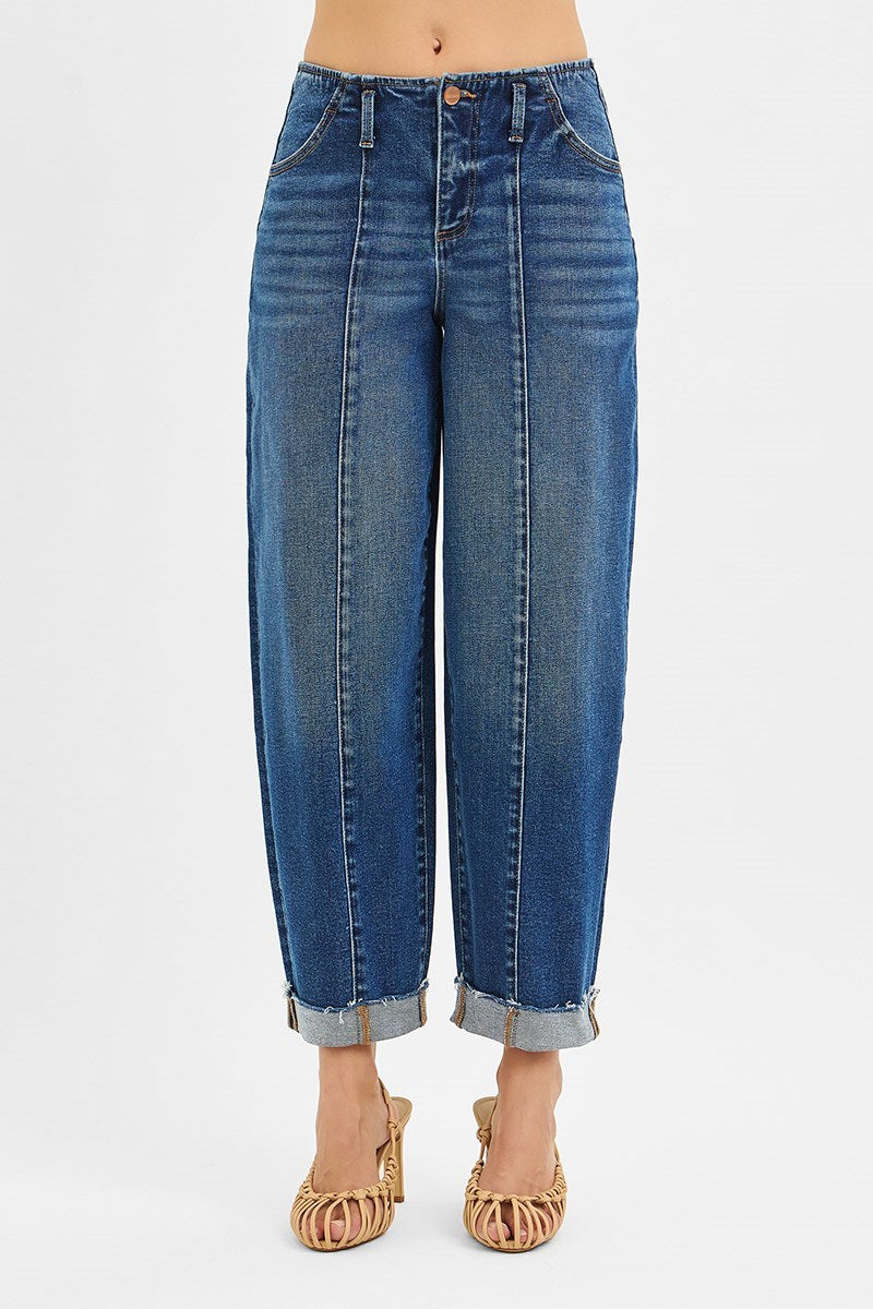 High Rise Fit Barrel Cuffed Jean - Dark Wash