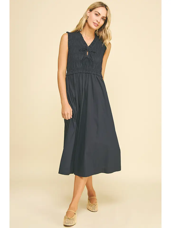 Front Tie Smocking Midi Dress - Ink - Southern Belle Boutique