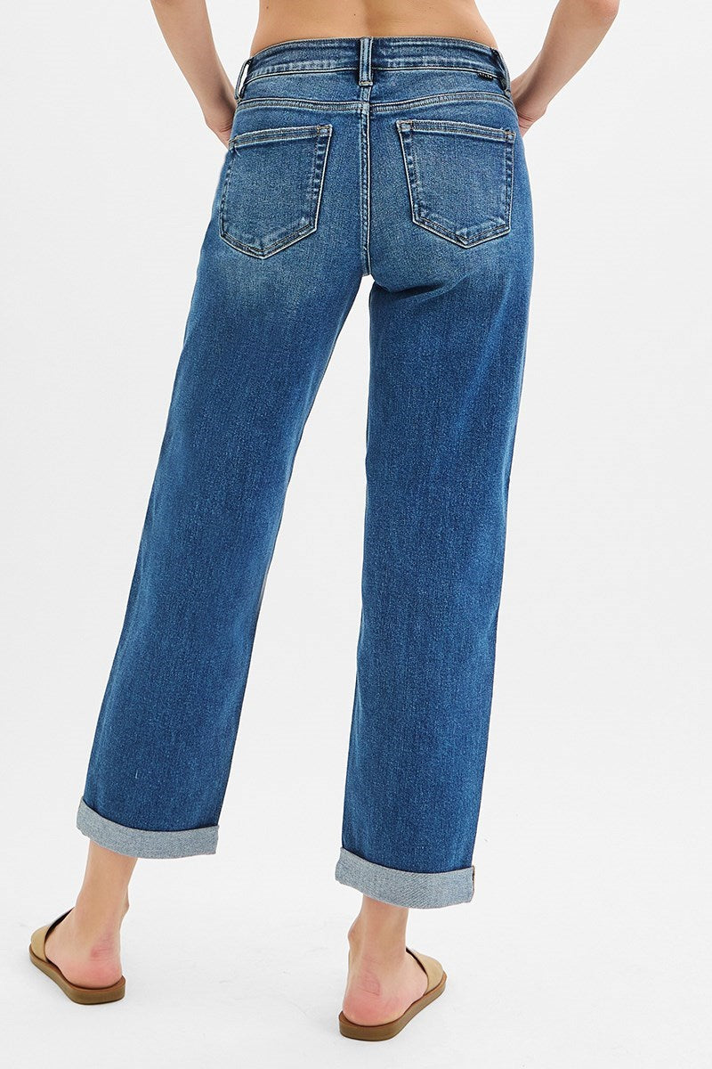 Risen Mid Rise Boyfriend Roll Up Jeans - Dark - Southern Belle Boutique