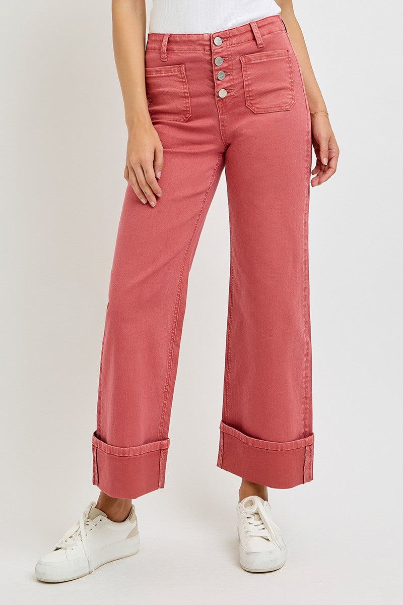 High Rise Wide Leg Front Patch Pocket Cuffed Pants - Brick