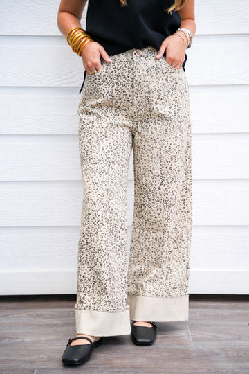 Leopard Straight Leg Cuffed Jeans