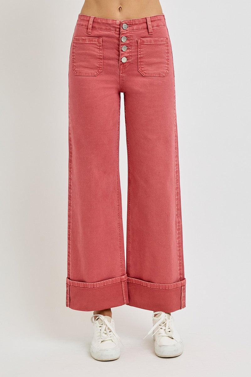 High Rise Wide Leg Front Patch Pocket Cuffed Pants - Brick