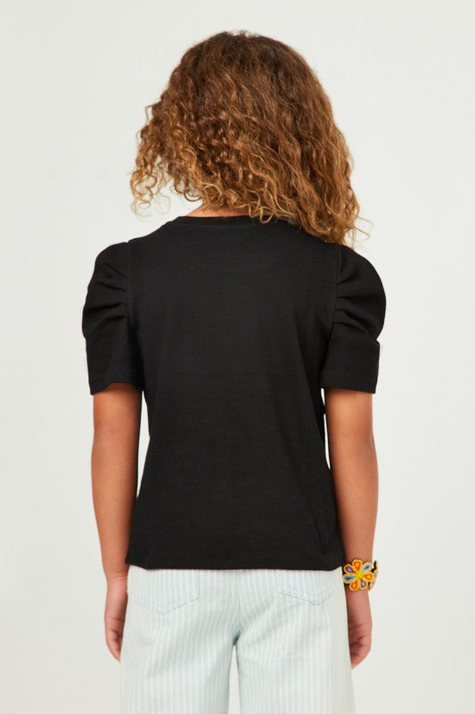 Ribbed Pleated Shoulder Puff Sleeve Top - Black