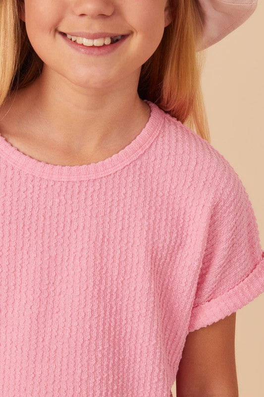 Pink Textured Roll Sleeve TShirt - Southern Belle Boutique