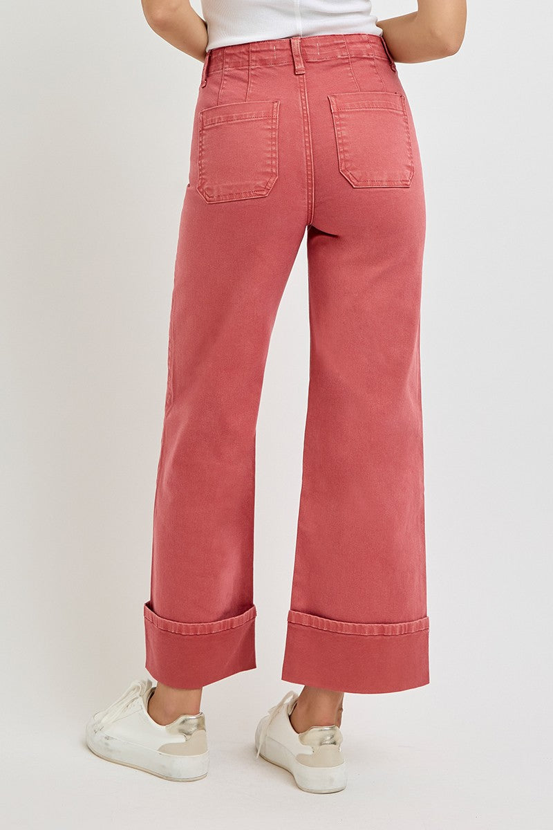 High Rise Wide Leg Front Patch Pocket Cuffed Pants - Brick