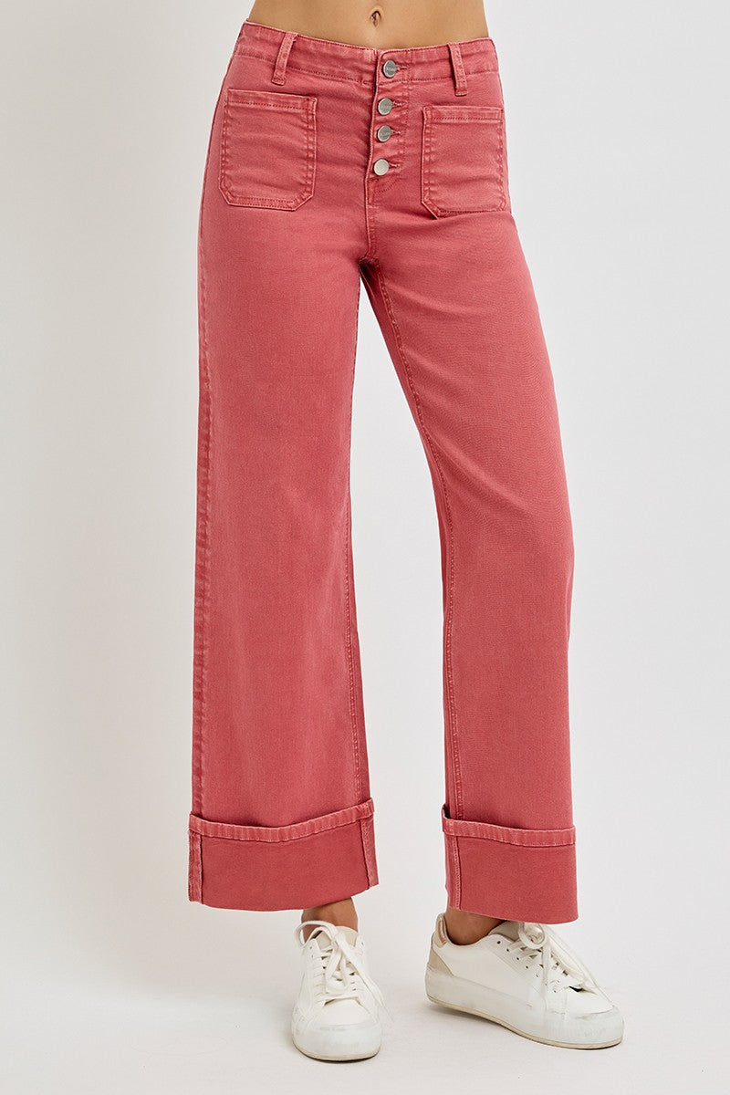 High Rise Wide Leg Front Patch Pocket Cuffed Pants - Brick