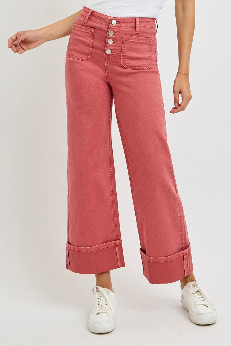 High Rise Wide Leg Front Patch Pocket Cuffed Pants - Brick