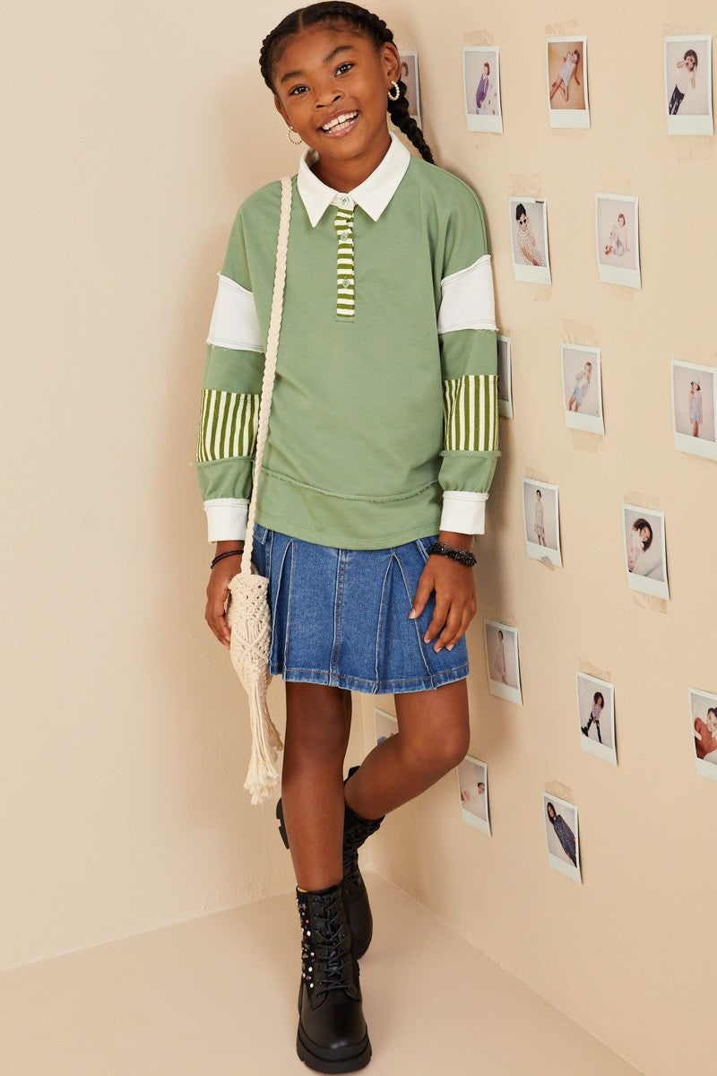 Olive Blocked Knit Rugby Shirt - Southern Belle Boutique