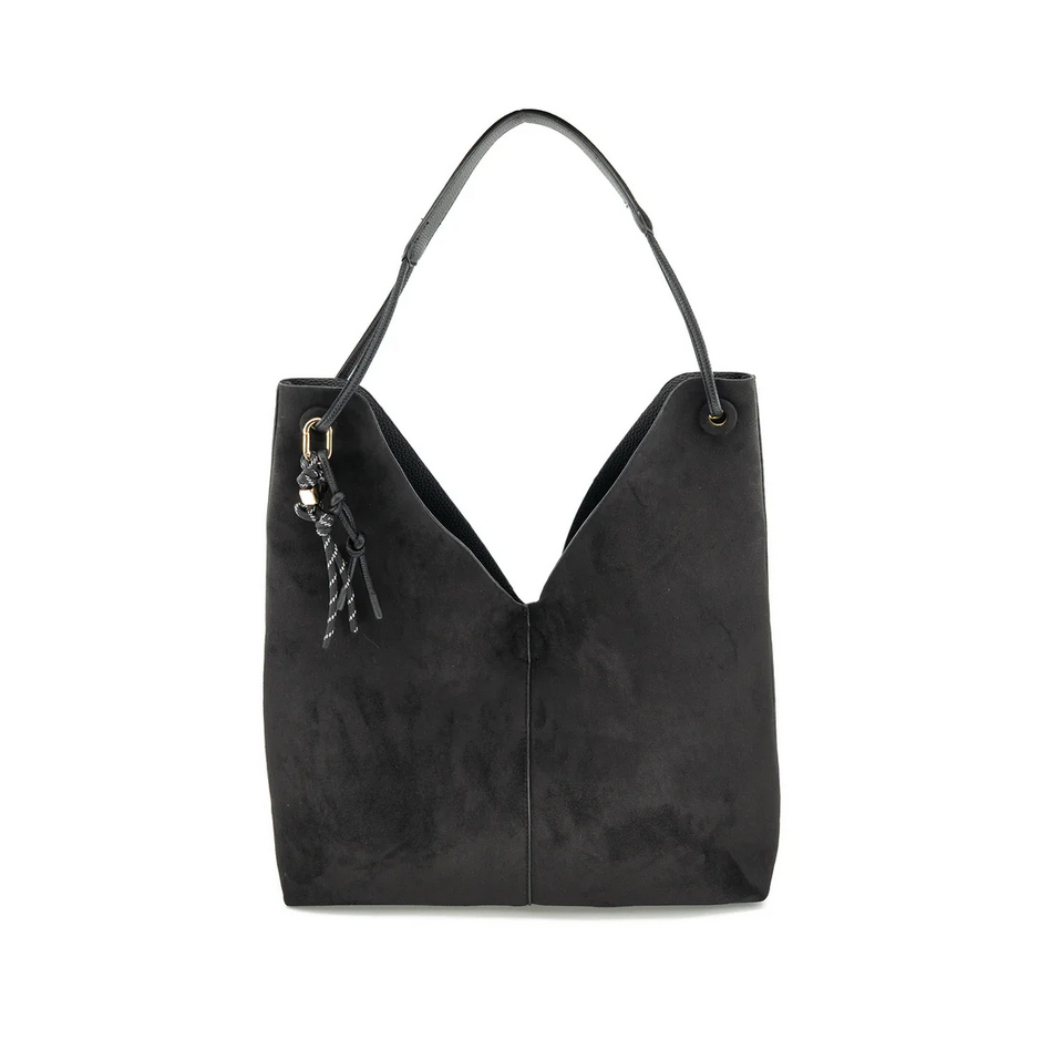 Black Vegan Leather and Faux Suede Hobo Bag
